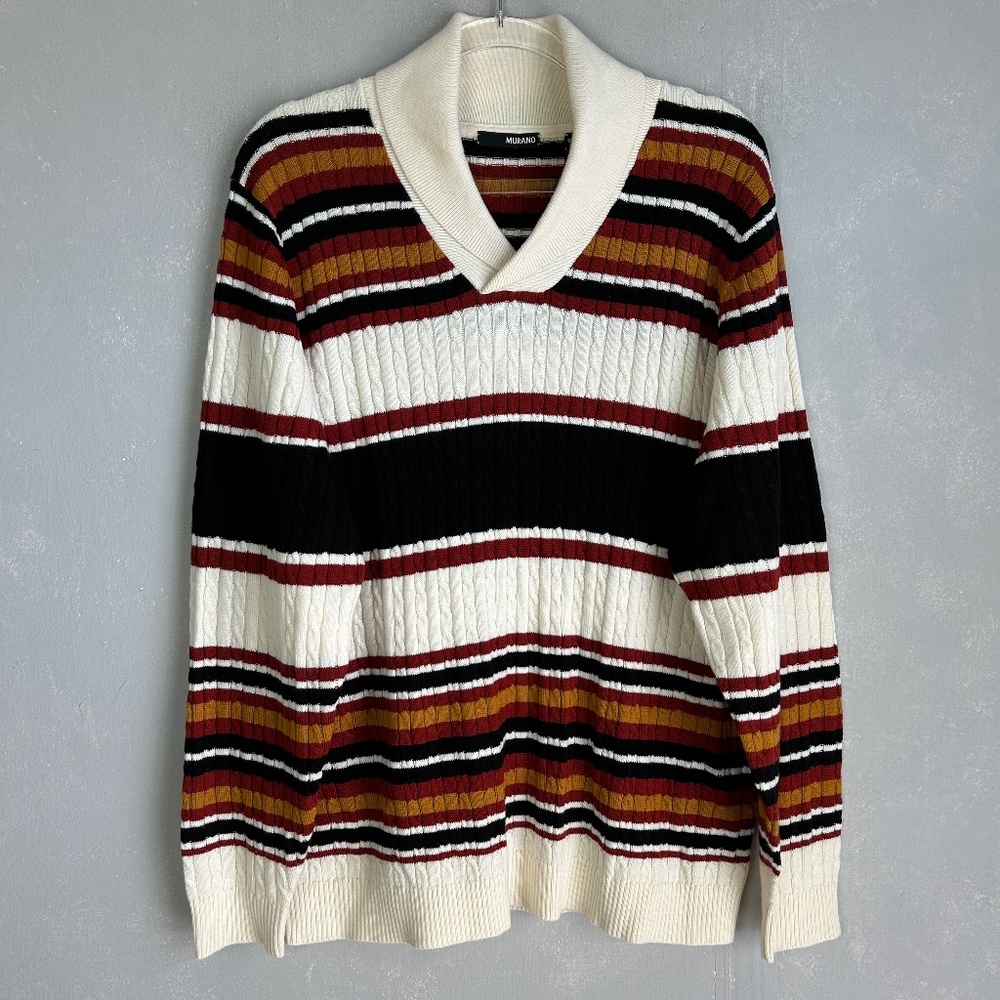 Murano size XL sweater stripe cable knit merino wool shawl neck tan black
